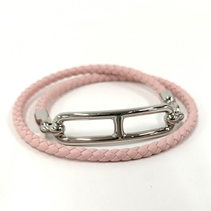 HERMES ルリ ドゥブルトゥール ブレスレット レザー メッキ ピンク シルバー【中古】