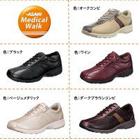 アサヒメディカルウォーク(ASAHI)レディースウォーキングシューズ幅広4E品番LF外側ファスナー付本革クッションひざ負担軽減