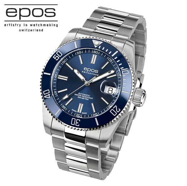 エポス 腕時計（メンズ） エポスEPOS　ダイバーモデル　スイス製自動巻　ブルー文字盤　500m防水　41.5ミリケース　腕時計　メンズ　男性用【3504BL】AL