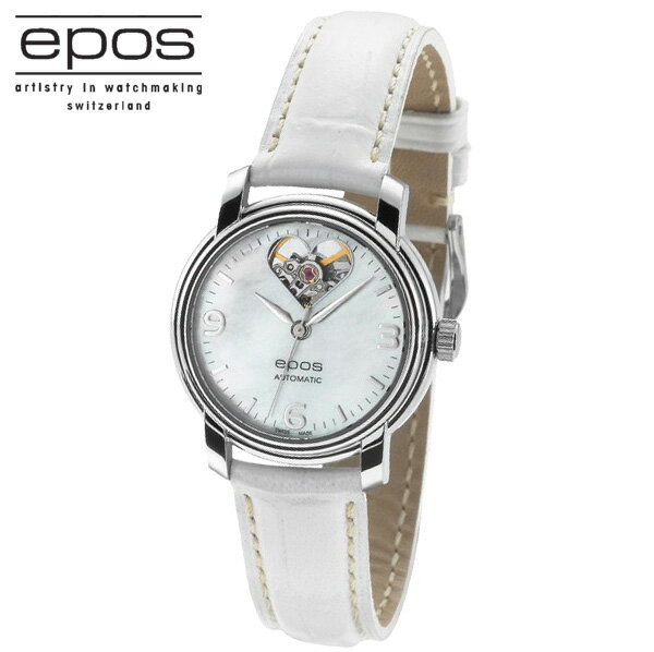 エポス 正規品エポスepos　マザーオブパール文字盤　オープンハート　32ミリケース　自動巻き　ホワイトレザーストラップ　腕時計　女性用　レディース【4314HTWHP】