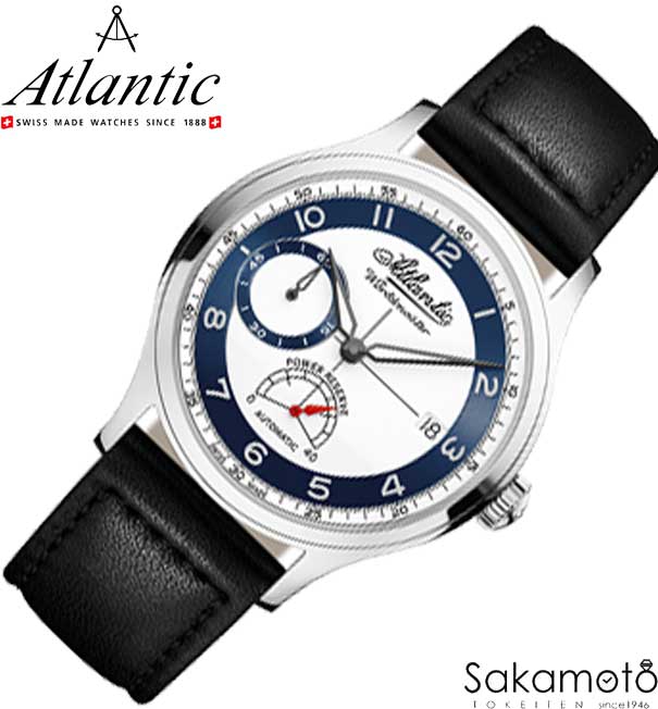国内正規品　Atlantic　アトランティック　ワールドマスター オリジナル パワーリザーブのヴィンテージ　自動巻き　ホワイトxブルー文字盤　革ストラップ　39ミリケース　53782.41.13