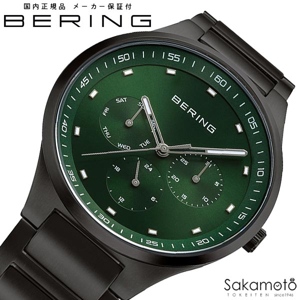 乐天商城 - BERING ベーリング　Classic Link Collection　リンクコレクション　腕時計　ウォッチ　電池式クオーツ　グリーン文字盤　メタルバンド　北欧デザイン　40ミリケース　メンズ　【11740-728】