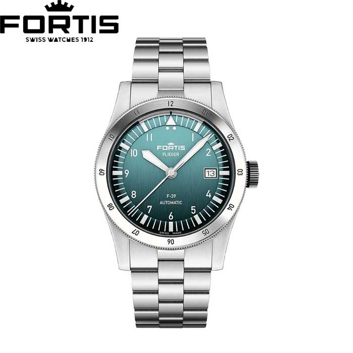 フォルティス 国内正規品フォルティスFORTIS　レザーストラップ　39ミリケース【メンズ】【F4220019】Flieger F-39　ペトロール（青緑）自動巻き　リサイクルステンレス使用　ステンレスバンドモデル