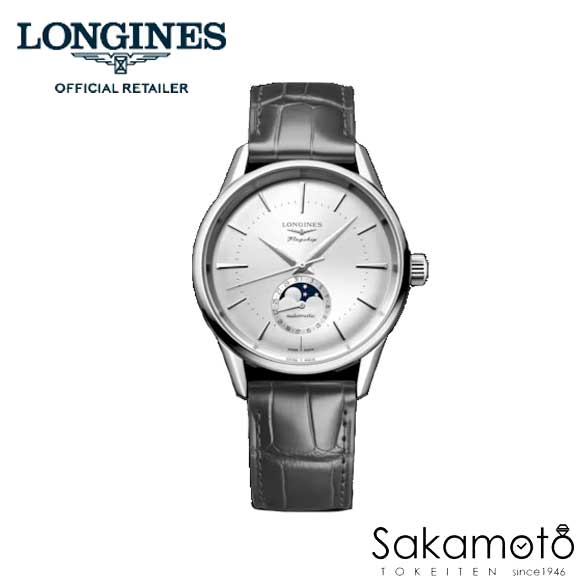 国内正規品ロンジンlongines　スイス製　フラグシップ　ヘリテージ　自動巻　ムーンフェイズ　デイト付き　グレーアリゲーターストラップ　38.5ミリケース　【L4.815.4.72.2】【L48154722】