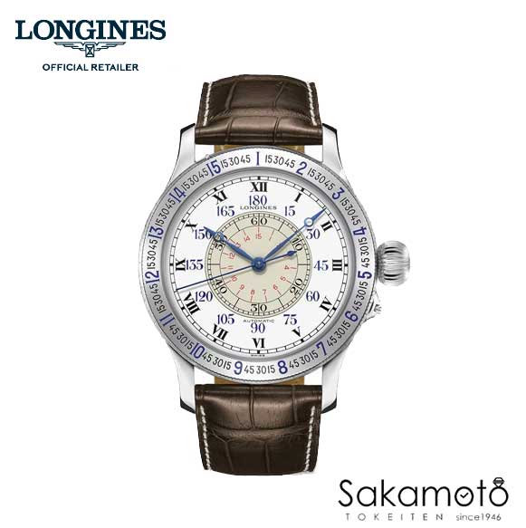 ロンジン 腕時計（メンズ） 正規品【LONGINES】ロンジン　ヘリテージ【リンドバーグアワーアングルウォッチ】47.5ミリケース　メンズ　腕時計　自動巻き　ホワイト文字盤　裏蓋シースルーバック　ブラウンアリゲーターストラップ【L2.678.4.11.0】L26784110