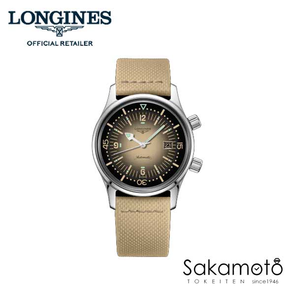 国内正規品ロンジンlongines　スイス製　レジェンドダイバー(Legend Diver）ベージュ　自動巻 デイト付き　36ミリケース　メンズ　ユニセックス【L3.374.4.30.2】【L33744302】