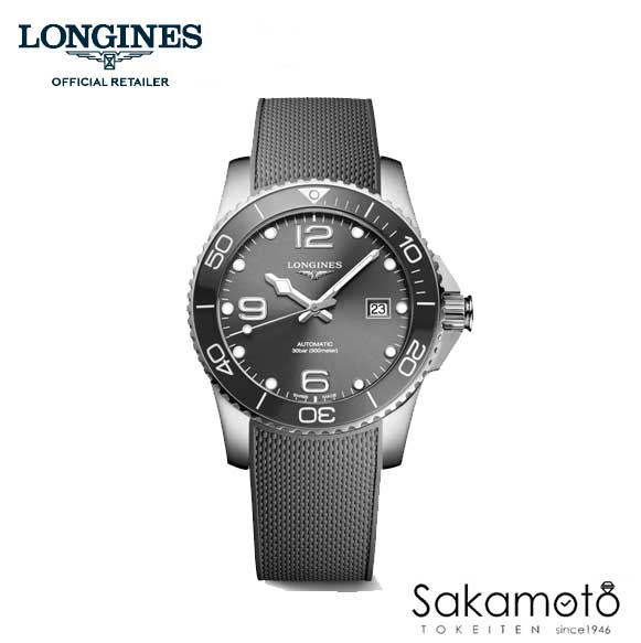 ロンジン 国内正規品ロンジンlongines ハイドロコンクエスト　セラミックベゼル ダイバー　30気圧防水　自動巻　41ミリケース　メンズ　【男性用】グレー文字盤　ラバーストラップ【L3.781.4.76.9】