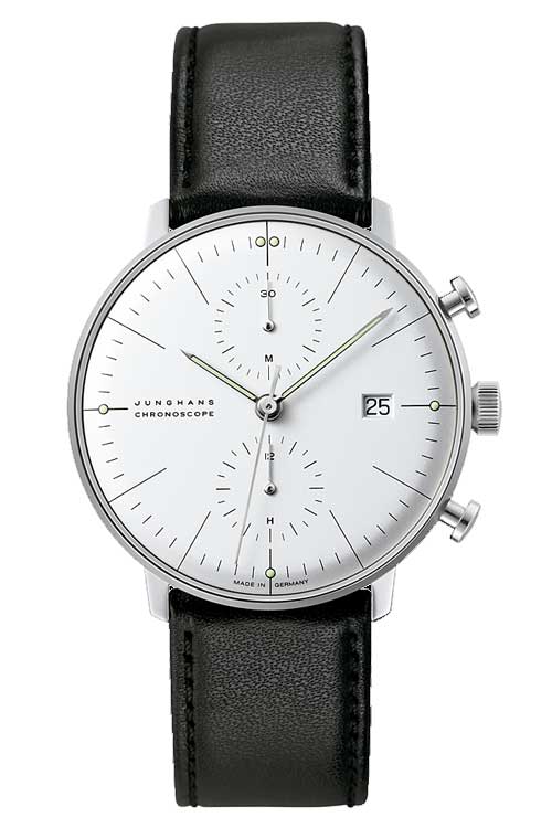 国内正規品ドイツ製ユンハンス【JUNGHANS】 バウハウス最後の巨匠「MAX・BILL」マックスビルデザイン 機械式クロノグラフ クロノスコープ ホワイト文字盤 ハードプレクシガラス【土日祝日発送可能】【027/4600.00】【027 4600 00】