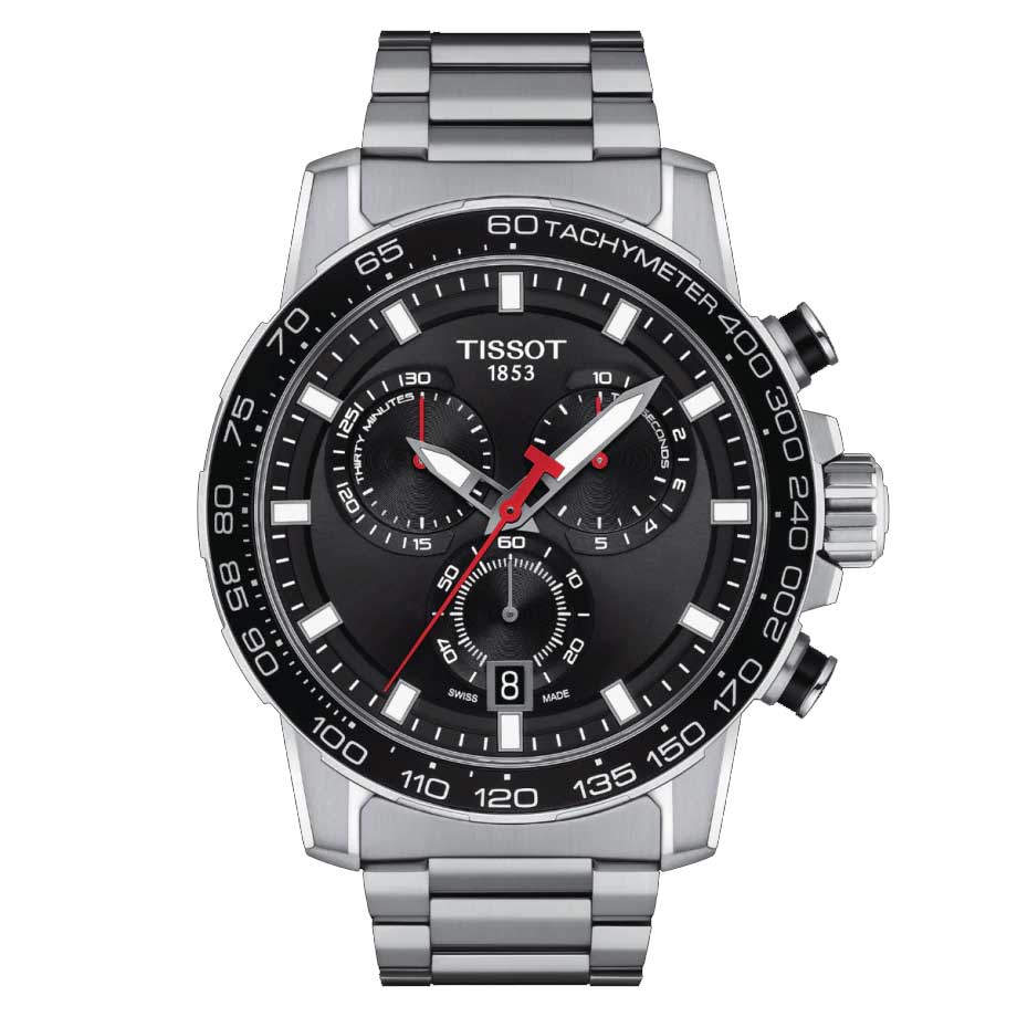 楽天金沢　時計職人の店　さかもと正規品TISSOT　ティソ　スーパースポーツクロノ「SUPERSPORT CHRONO」電池式クォーツ　1/10秒測定可能　45.5ミリケース　10気圧防水　ブラック文字盤　ステンレスバンド【T1256171105100】