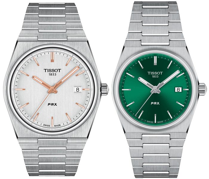 正規品TISSOT　ティソ　PRX　ピーアールエックス　【40ミリ＆35ミリ】【シルバー＆グリーン】　クォーツ駆動（電池）　100m防水　ペアウォッチ　2本での価格　【T1374101103100＆T1372101108100】【ウッドウォッチスタンドプレゼント中】