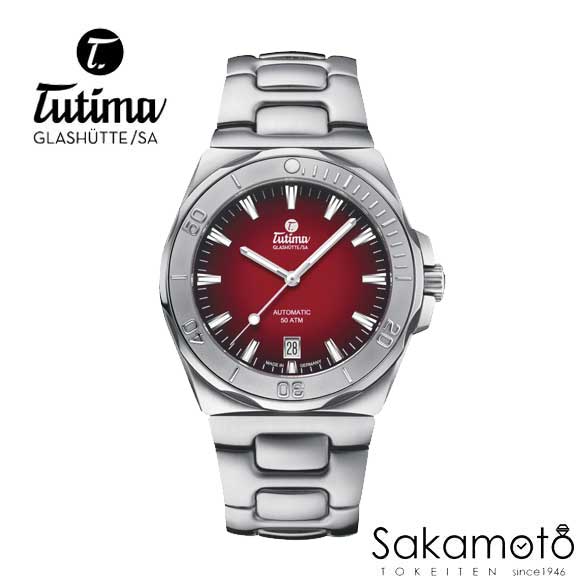 国内正規品【チュチマTUTIMA】【ドイツ製】【M2】【セブンシーズエスSEVEN SEAS S】ドイツ・グラスヒュッテ 40ミリケース 自動巻 50気圧防水【6156-08】レッド文字盤 ステンレスバンド
