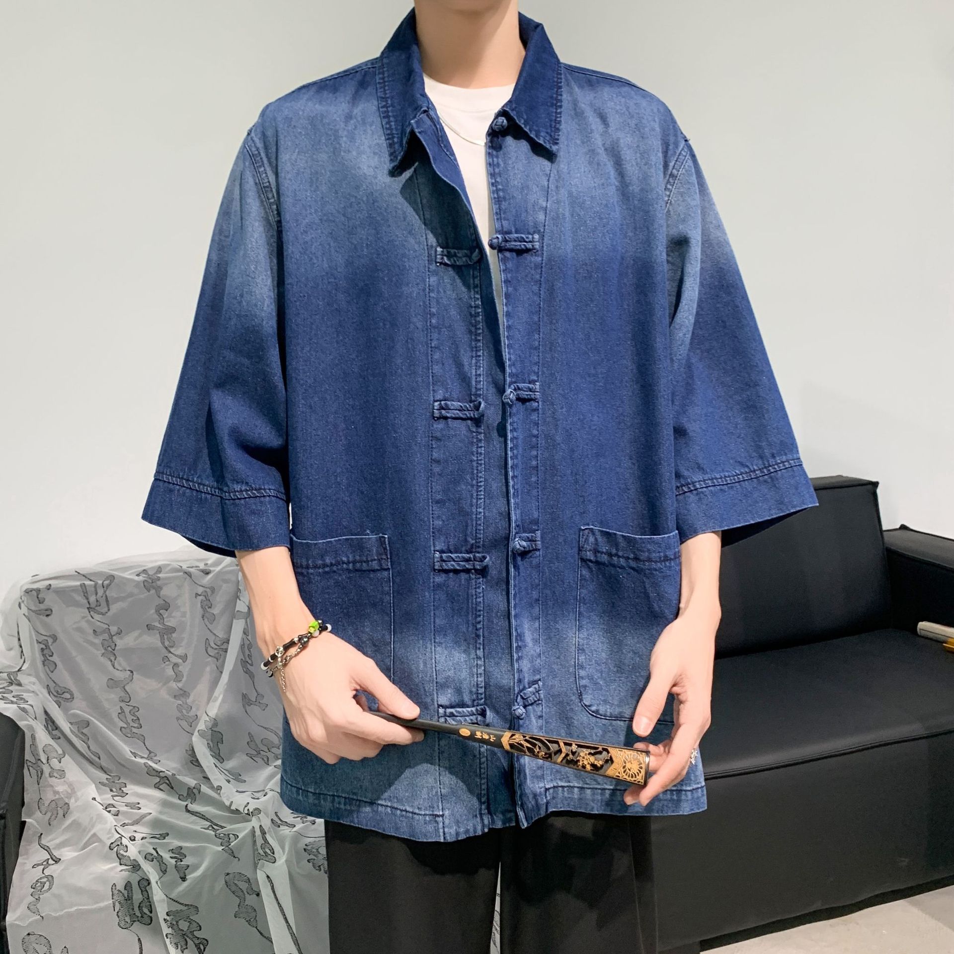 チャイナ服 シャツ 春夏 メンズ デニムシャツ トップス 半袖 通勤C COLOR