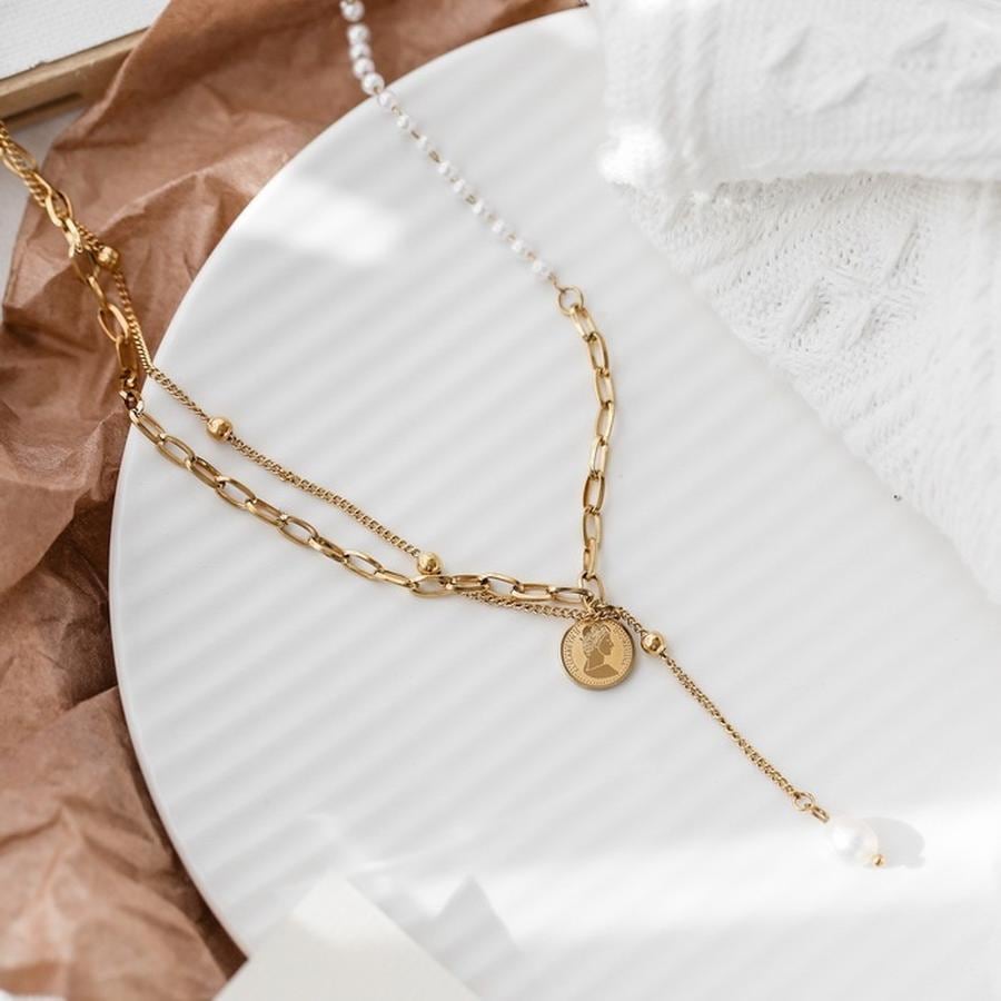 欧新大人気優雅気質ラウンド コイン フリンジ　 淡水 　パール切り替え　ネックレス T-N 福袋クリスマ..