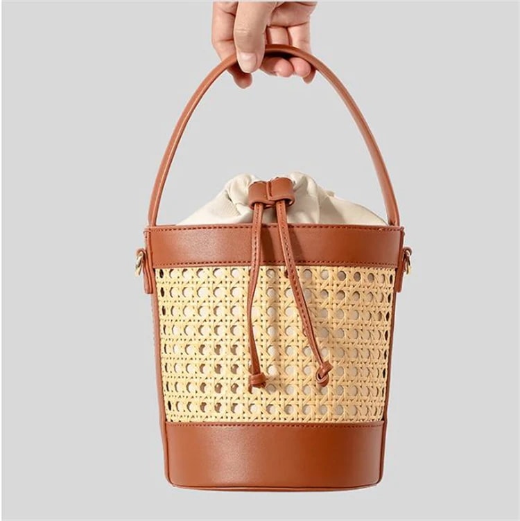 スタイル り編み バケツ型 ビーチリゾート用 透かし編み 紐引き式 ハンドバッグ&ショルダーバッグ