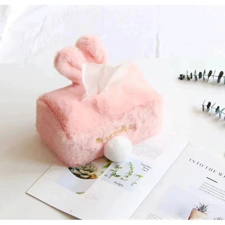 ティッシュケース ティッシュカバー ふわふわ かわいい ウサギ カラー ピンクホワイト