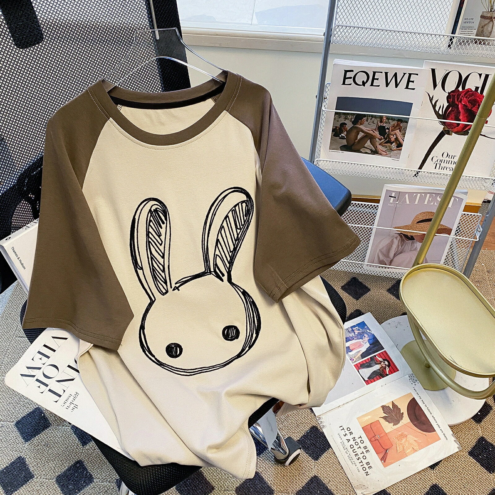 Tシャツ かわいいうさぎのラグランプリント 半袖 新作 カジュアルゆったり トップス レディース 韓国