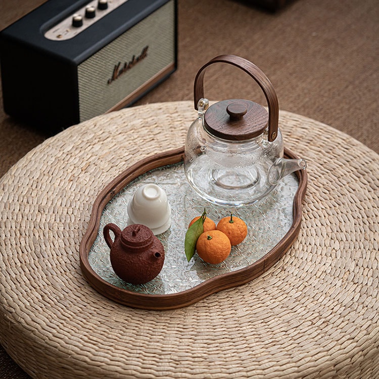 花海堂柄 トレー 茶席 トレイ ガラス 竹製 お盆 茶台 茶盤 レトロ おしゃれ インテリア 小物入れ 茶道..