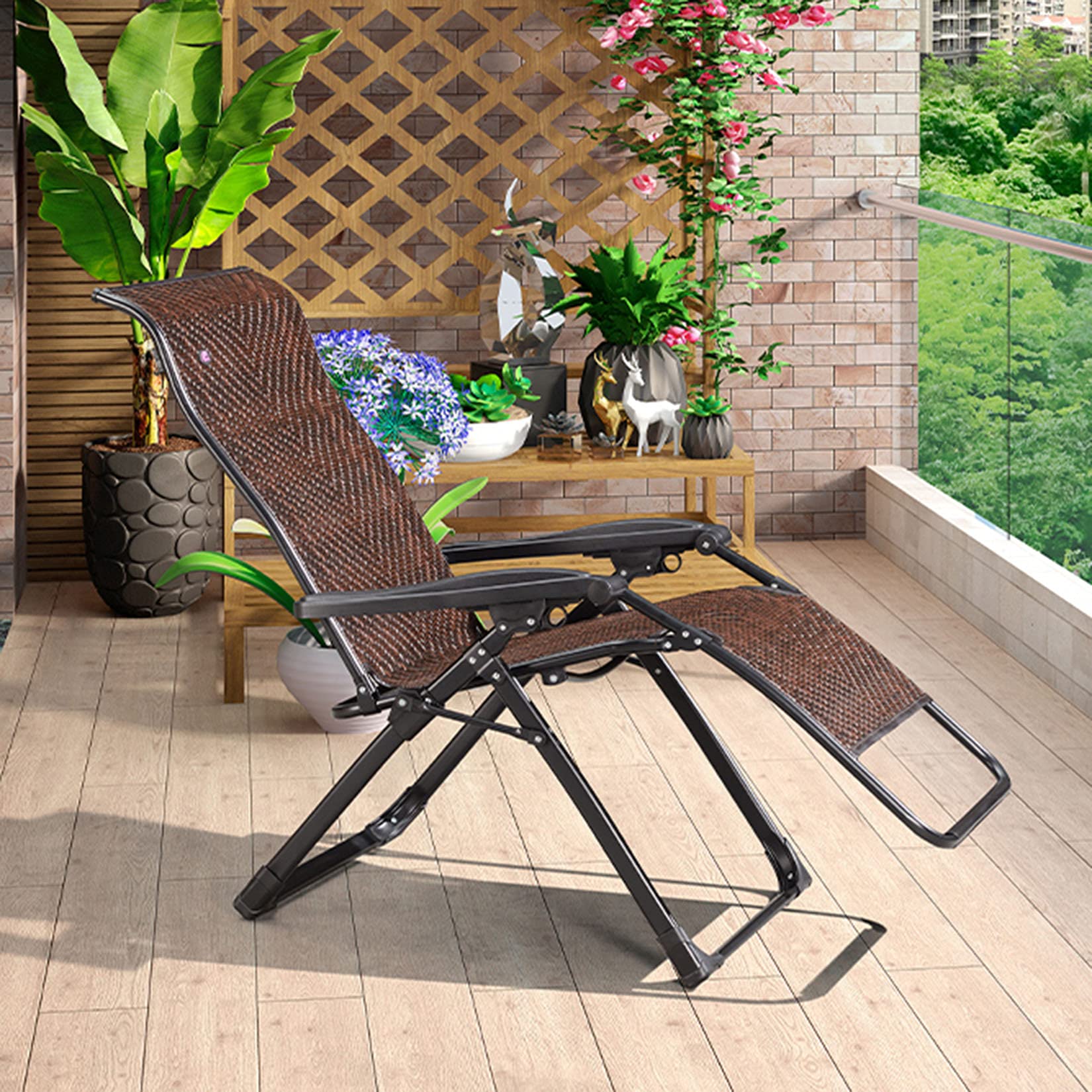 Yeenuoヘッドレスト付きラタンゼログラビティチェア、幅広のアームレスト付き屋外調節可能な折りたたみ式ラウンジチェア、プール、パティオ、ビーチ、庭用の頑丈なリクライニングチェア Brown