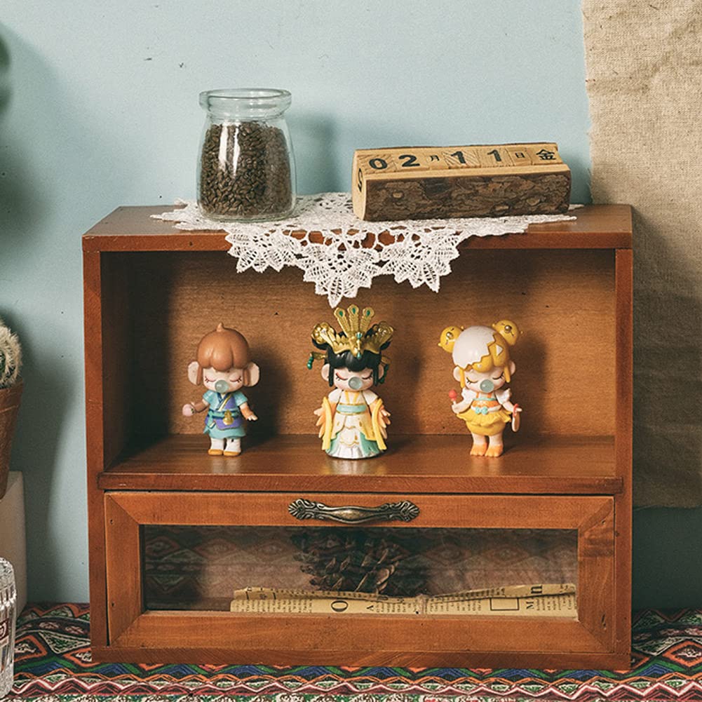 デスク上置棚 デスク 収納 木製 収納 ボックス 卓上収納 デスク整理ボックス ショーケース 頑丈耐用 段式 引き出し付き ガラスドア 素朴 北欧 レトロ風格 小物入れ 机上用品 オフィス/寝室/居間 * * cm
