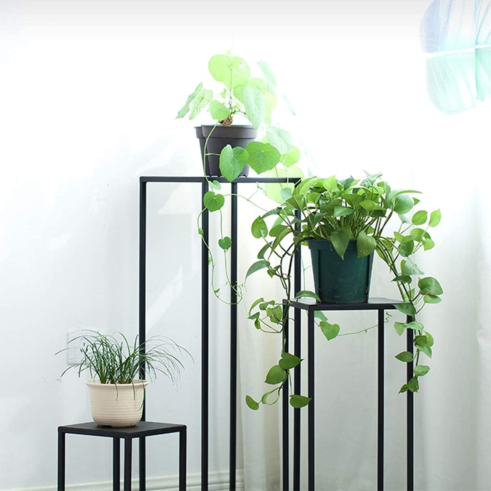 鉄アートフラワーポットホルダー、屋内植物コンテナ棚リビングルームシェルフソファサイドテーブルバルコニーフロアスタンドフラワーポットテーブル,黒, * cm