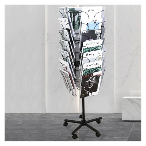 フロアマガジンラック 回転式パンフレットディスプレイスタンド、雑誌360°回転収納ラック、5つの車輪付..