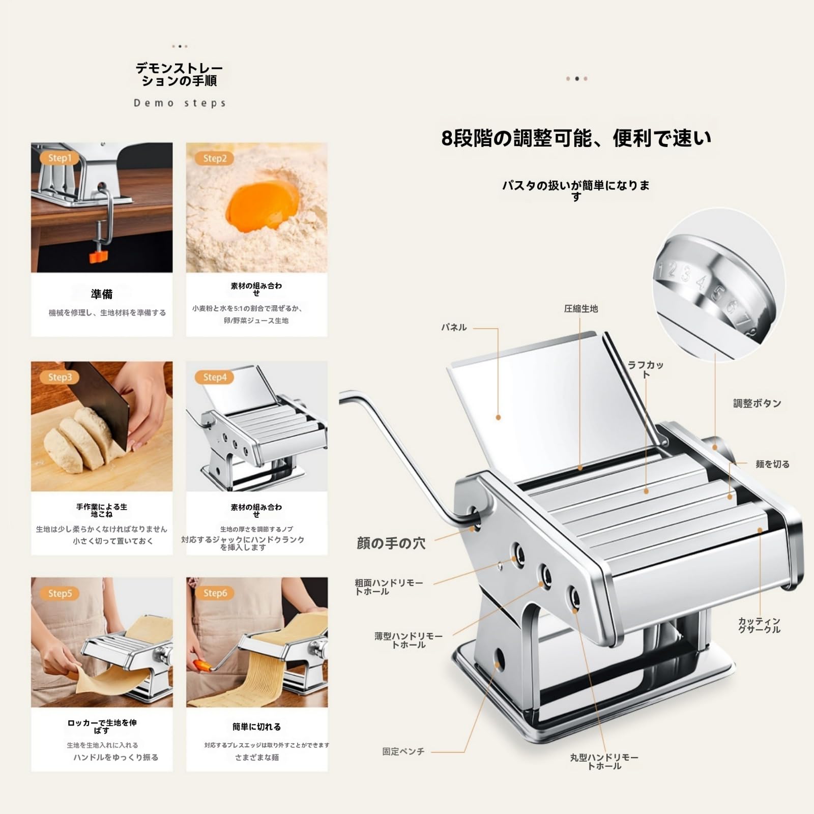 Guyyelt 麺プレス機 手動麺圧延機 ステンレス鋼 パスタメーカー ナイフ3本 ナイフと8つのギア調整可能 食品グレードの 滑り止めベース 電気不要 多機能 平らな 薄い 丸い 広い/そば/焼き餃子/うどん/生麺など、家庭用 [並行輸入品]