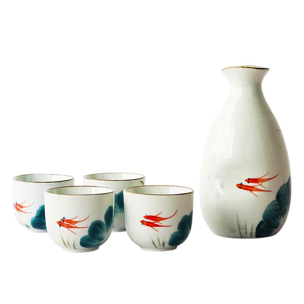 日本酒セット、5ピース白酒サービングセット、金魚水墨画、冷酒/温酒/焼酎/茶用、家族や友人への最高の..