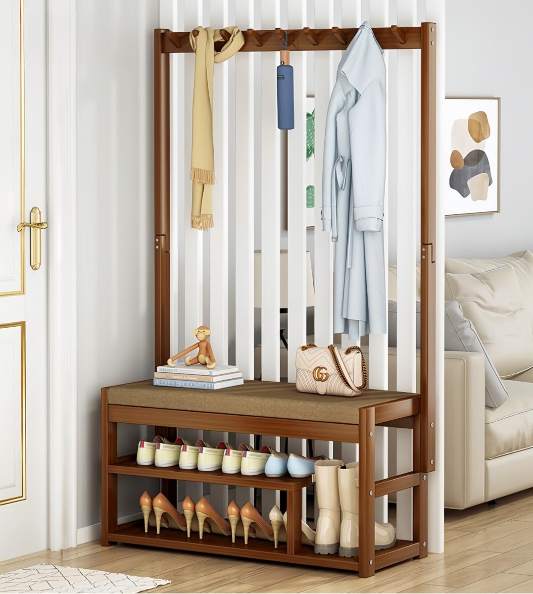 玄関ベンチ靴収納 シューズラック玄関収納 収納ベンチ 竹製 玄関椅子 反発クッション 室内 靴棚 靴入れ..