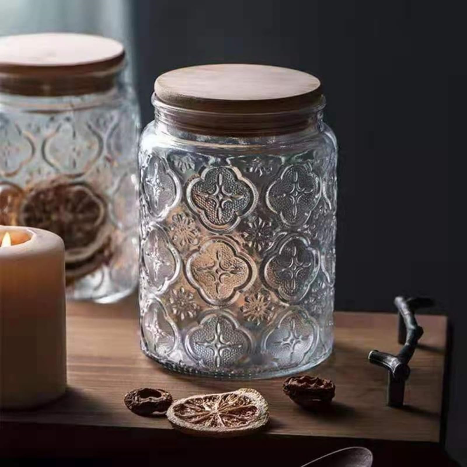 ビンテージガラスジャーセット キャニスター 密閉 保存容器 竹製蓋付き キッチンカウンター パントリー..
