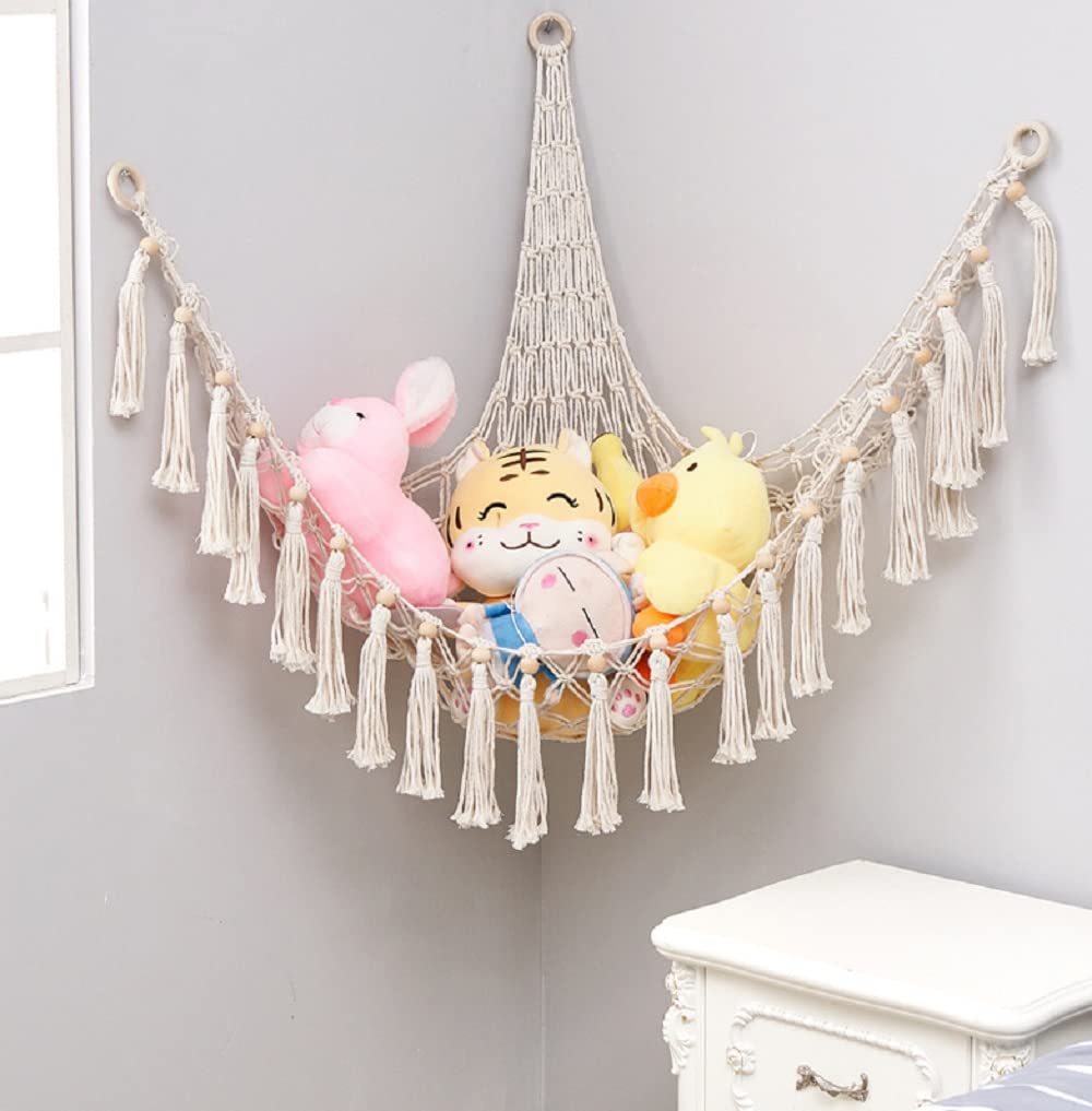 おもちゃハンモック 収納ネット 子供おもちゃ収納 吊り下げ式 ぬいぐるみ 織り 三角形木製ビーズ タッセル付き 子供 おもちゃ ぬいぐるみ 収納 室内用 収納 片付け 120x120x140cm