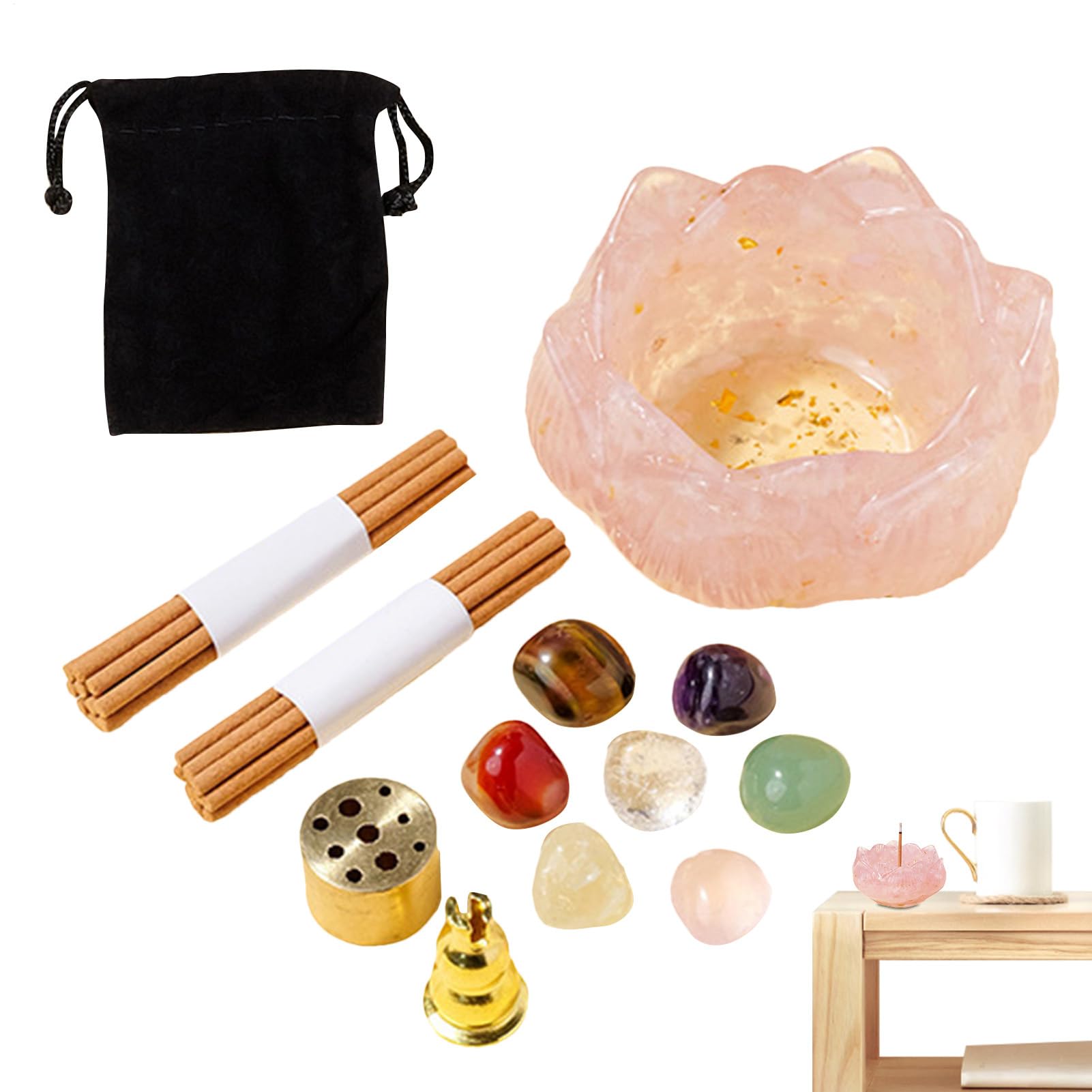 香立て スティック用,クリスタルストーンのお香バーナー | ヨガや瞑想に適したフラワーシェイプの灰受..