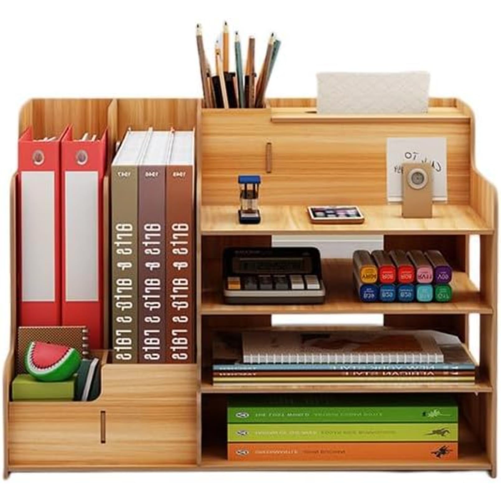 卓上収納ラック 木製 大容量 オフィス収納 机上収納ボックス 組立式 本立て 小物入れ 新聞/雑誌/書類/..