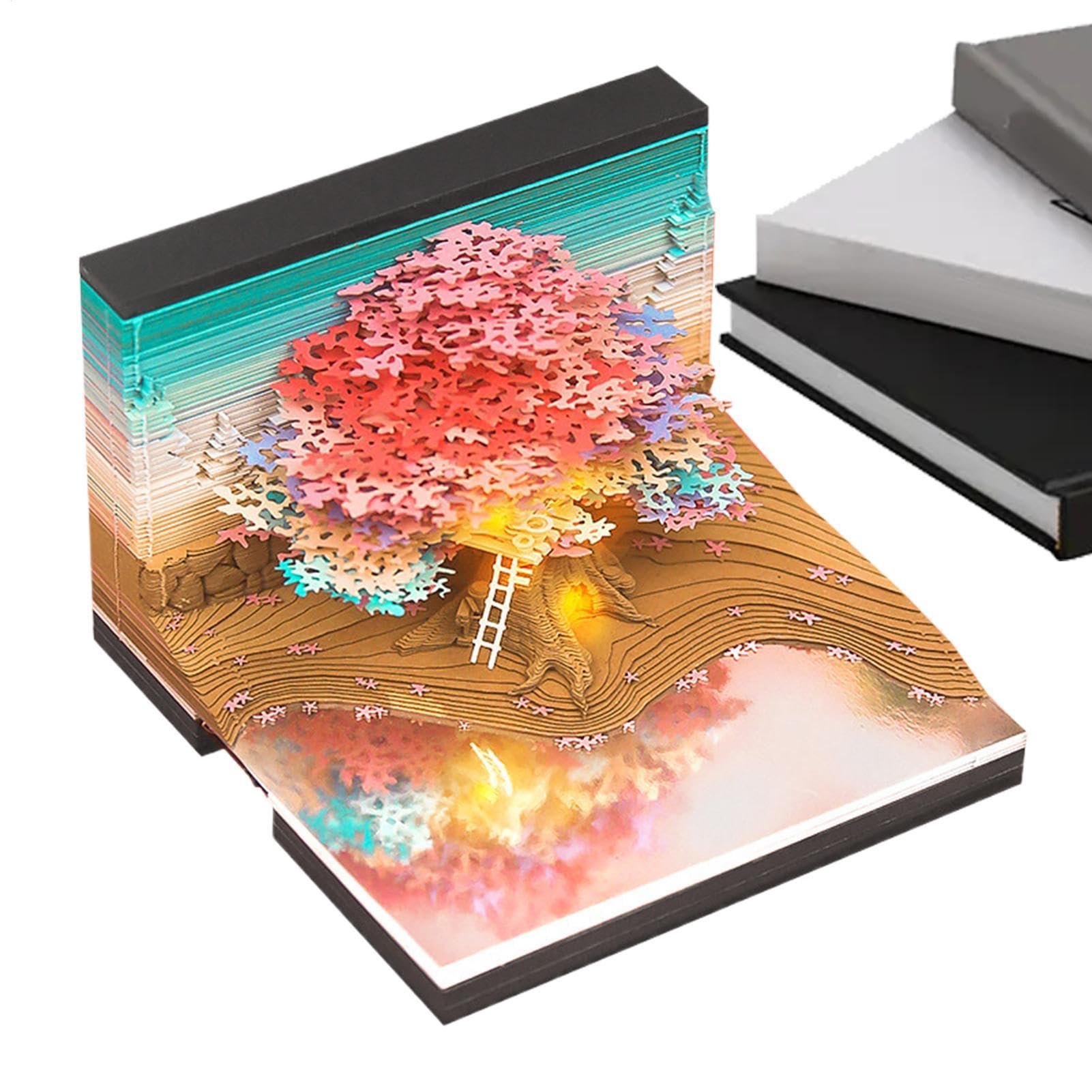 3Dデスクカレンダー 2025 - タイムスライスカレンダー、紙彫刻付箋カレンダー | 耐摩耗性3Dメモパッドカレンダー2025、色付きツリーハウス手引き裂きノートペーパーカレンダー ホームカンパニースクール用