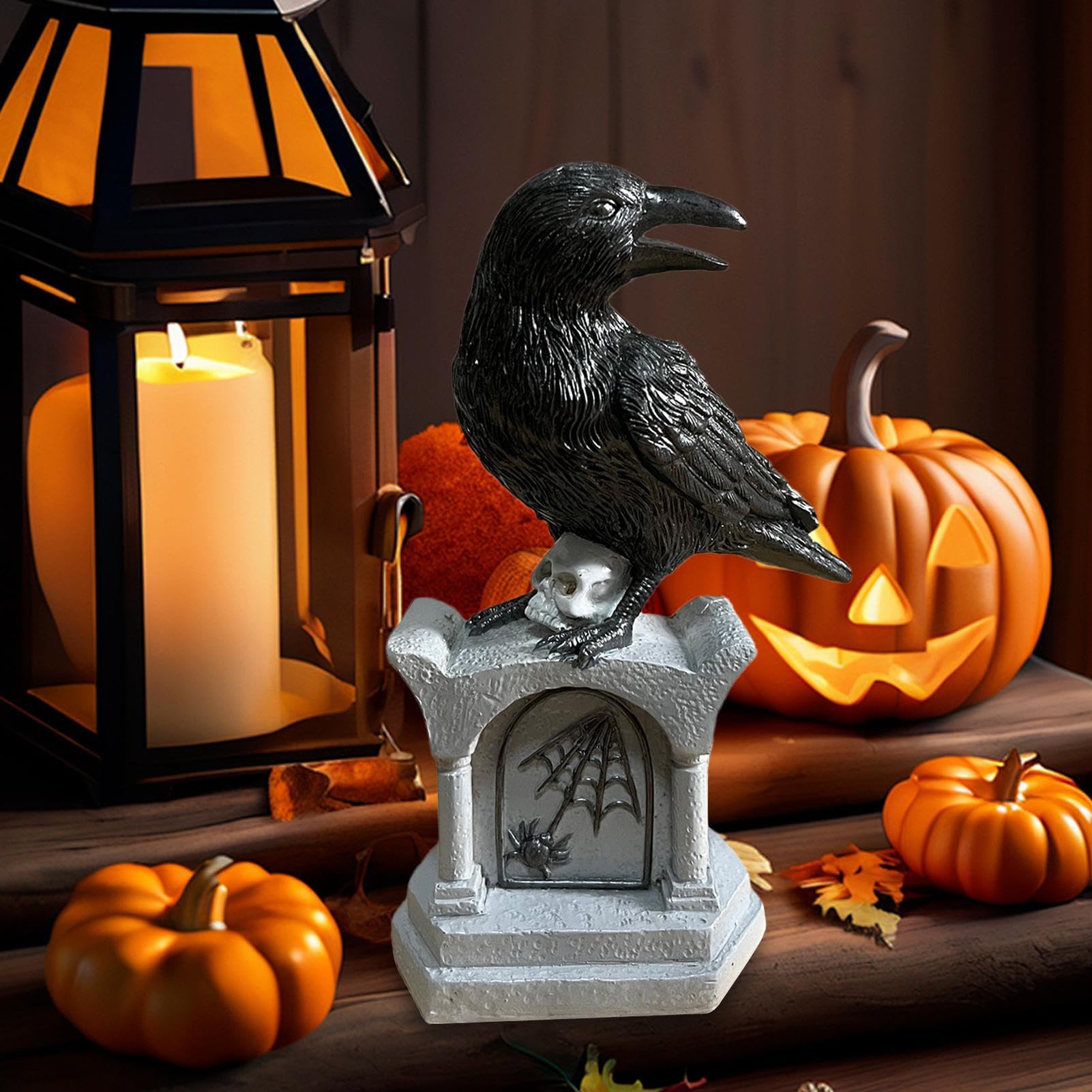 ハロウィン カラス 像 - ハロウィン 装飾 墓石上のカラス 置き物 | 樹脂製 インテリア 小物 屋内 屋外 ..