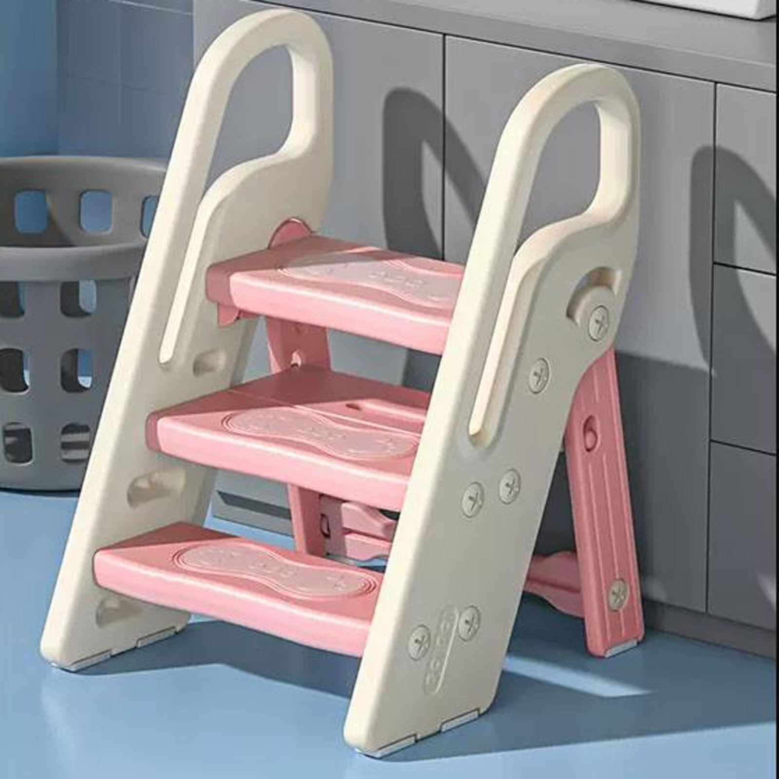 折りたたみはしご のシンク用折りたたみ式幼児用ステップスツール、ハンドル付き子供用トイレトレーニングスツール、子供用キッチンカウンタースツールヘルパー、幼児用プラスチック製はしご用の調節可能な3ステップスツール 折りたたみはしご 家庭用 (Color : Pink)