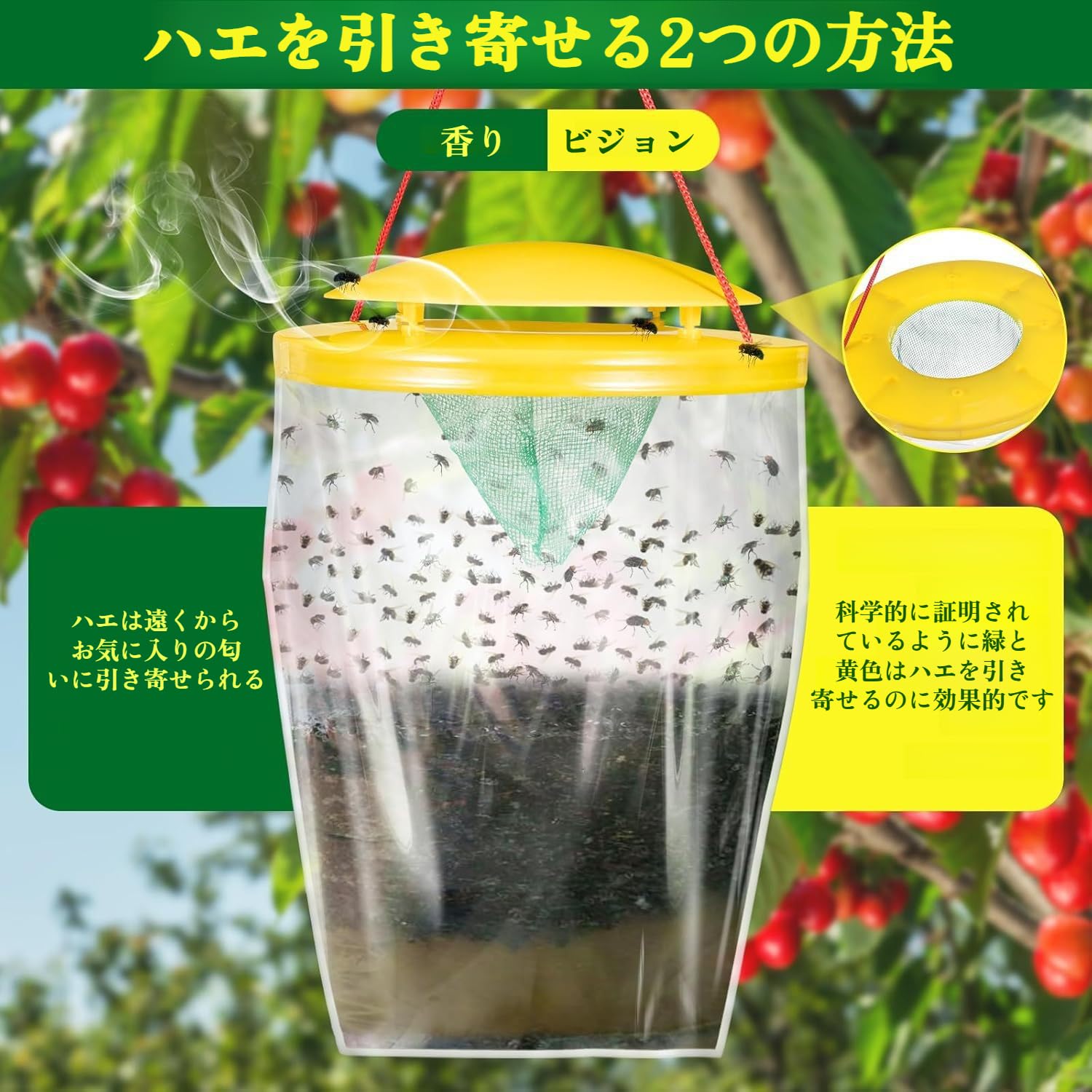 コバエ対策 屋外用ハエ捕獲器 | 大容量ハエ取り袋 自然誘引剤付き | 果樹園・ガーデン保護