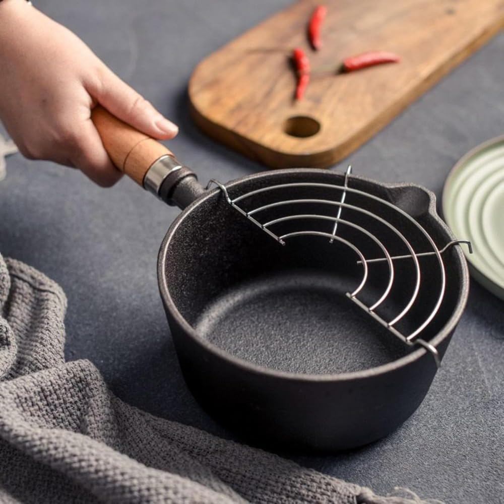 南部鉄器 鍋鉄フライパン鋳物 揚げ鍋 ミニ鋳鉄鍋 南部鉄器 耐久性 木製ハンドル 鉄鍋 鉄製片手鍋 非シ..