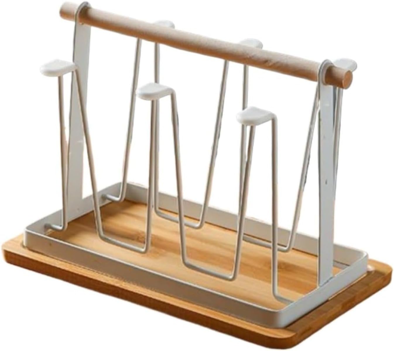 リビングルームのティーカップホルダーホームカップホルダーシェルフ創造的な水カップホルダー逆さま水切りラックアイアン収納 (カップホルダー＋竹製木製大皿,ホワイト)