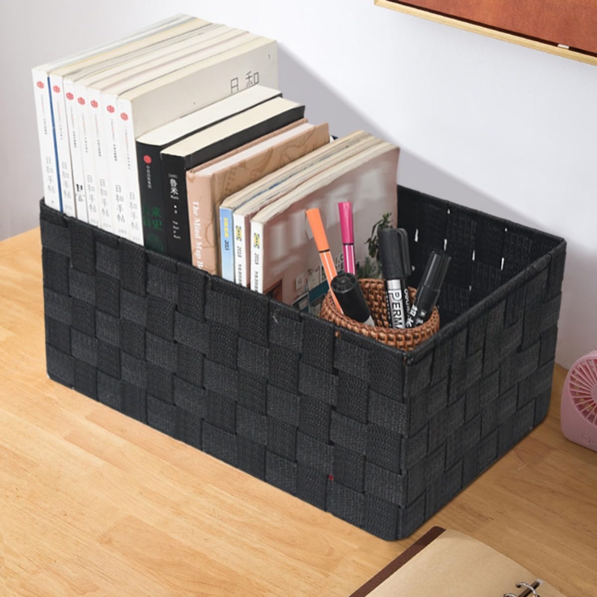 織物、 ナイロン生地 収納ボックス 教科書 クローゼット引き出しオーガナイザー 本・新聞ボックス (38*26*24cm,ブラック)