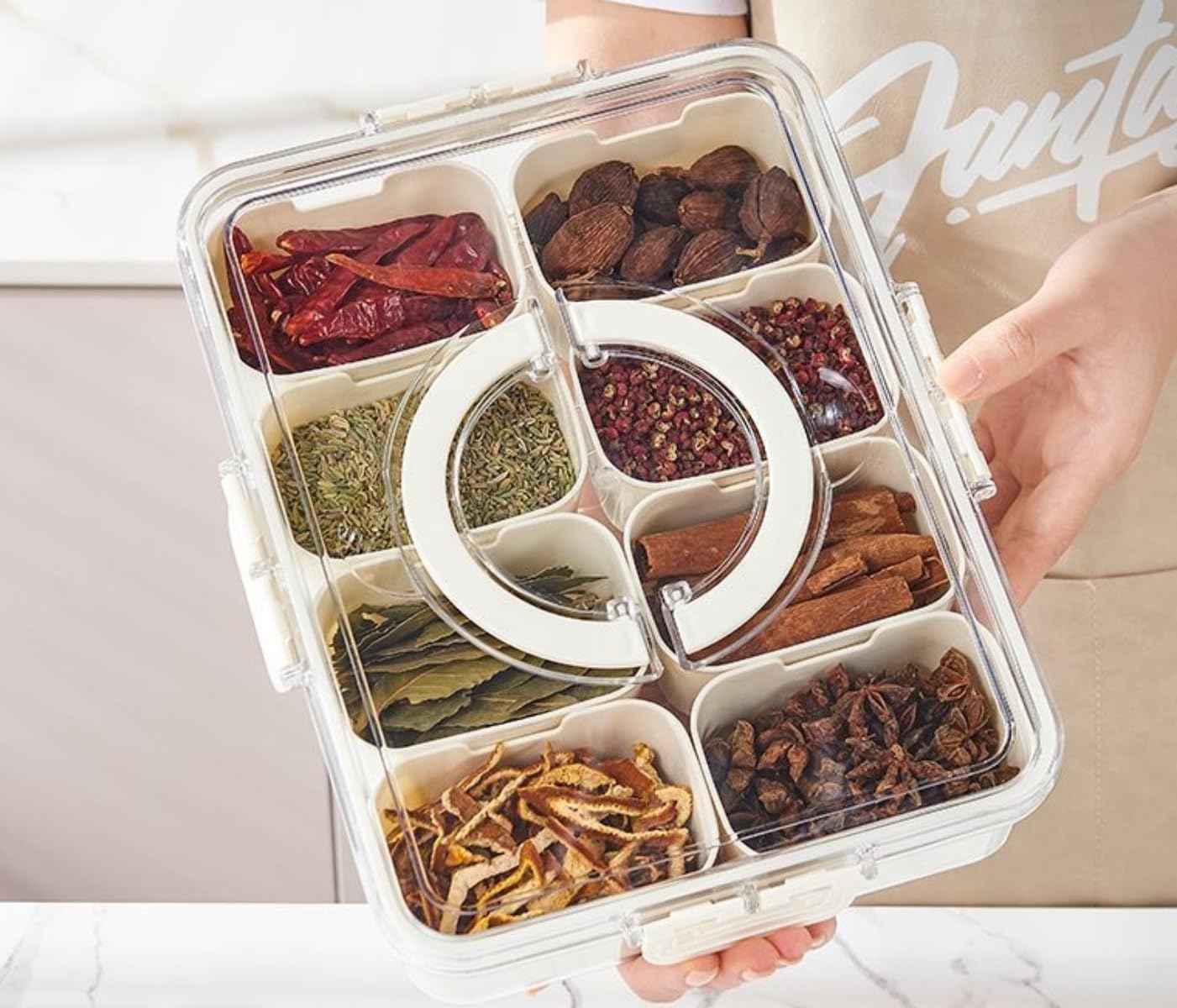 仕切り付きサービングトレイ 蓋とハンドル付き - スナックボックス シャルキュトリーコンテナ ポータブルスナック大皿用 - キャンディ、フルーツ、ナッツ、スナック用のクリアオーガナイザー - パーティーに最適 (ホワイト,排水カルテット)