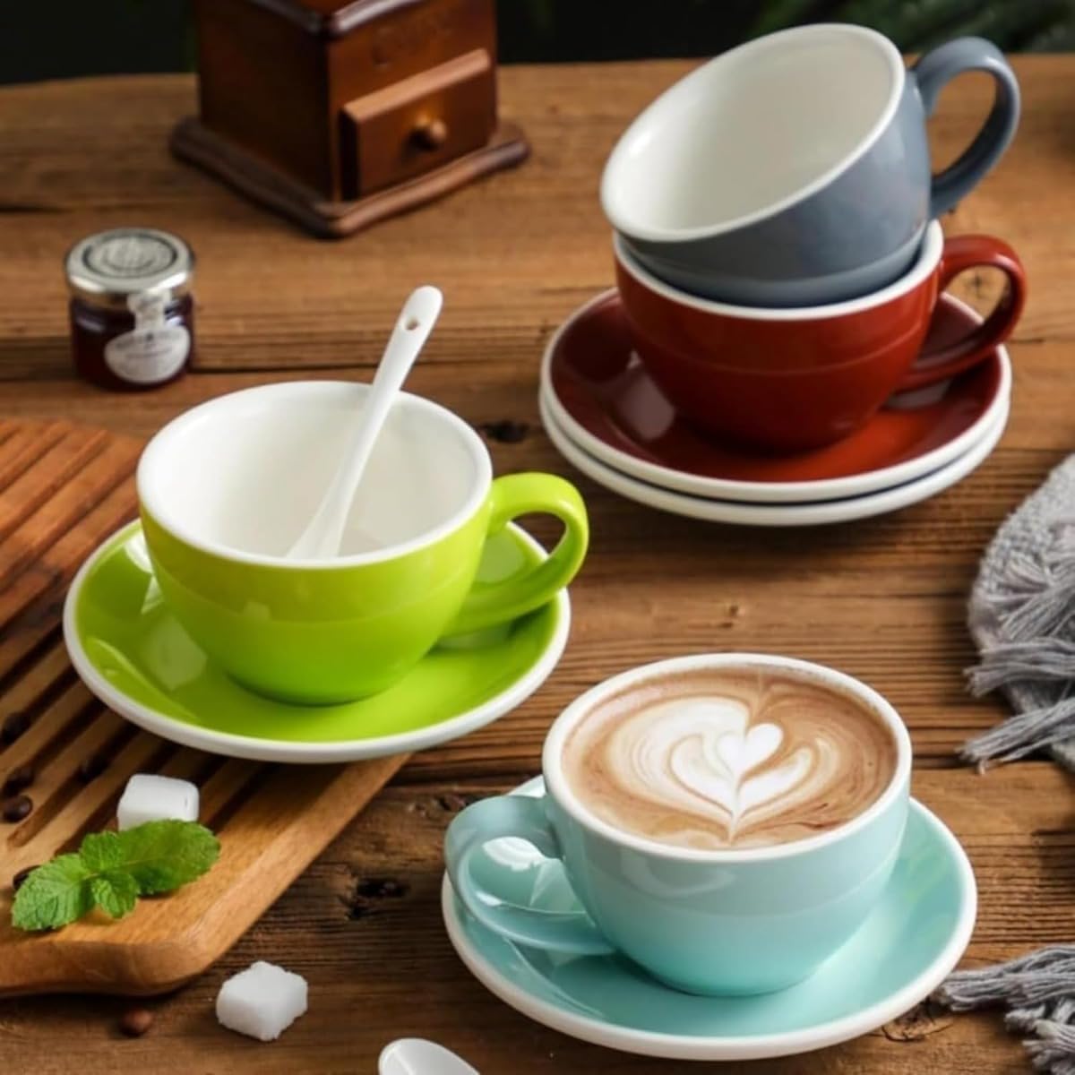 ラテカップ300 mlコーヒーカップ陶器ラテボウルカフェラテアートカップとソーサーカラフル (ブラック)