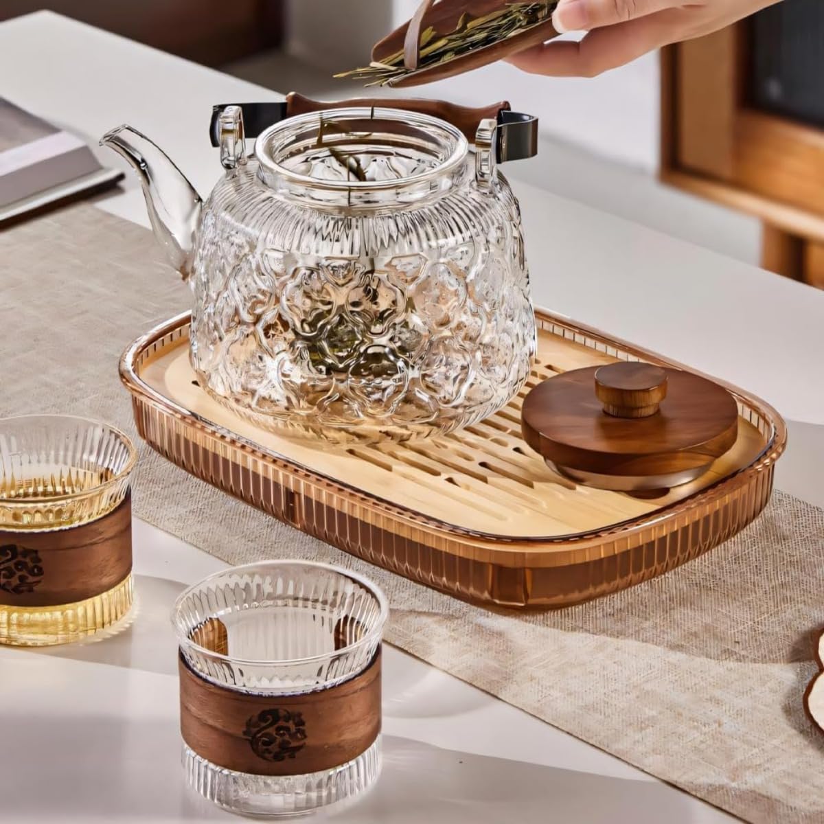 耐熱 ティーポット 茶こし付き 製ポット 手作り 木製持ち手 ジャンピング 紅茶ポット フルーツティー ..