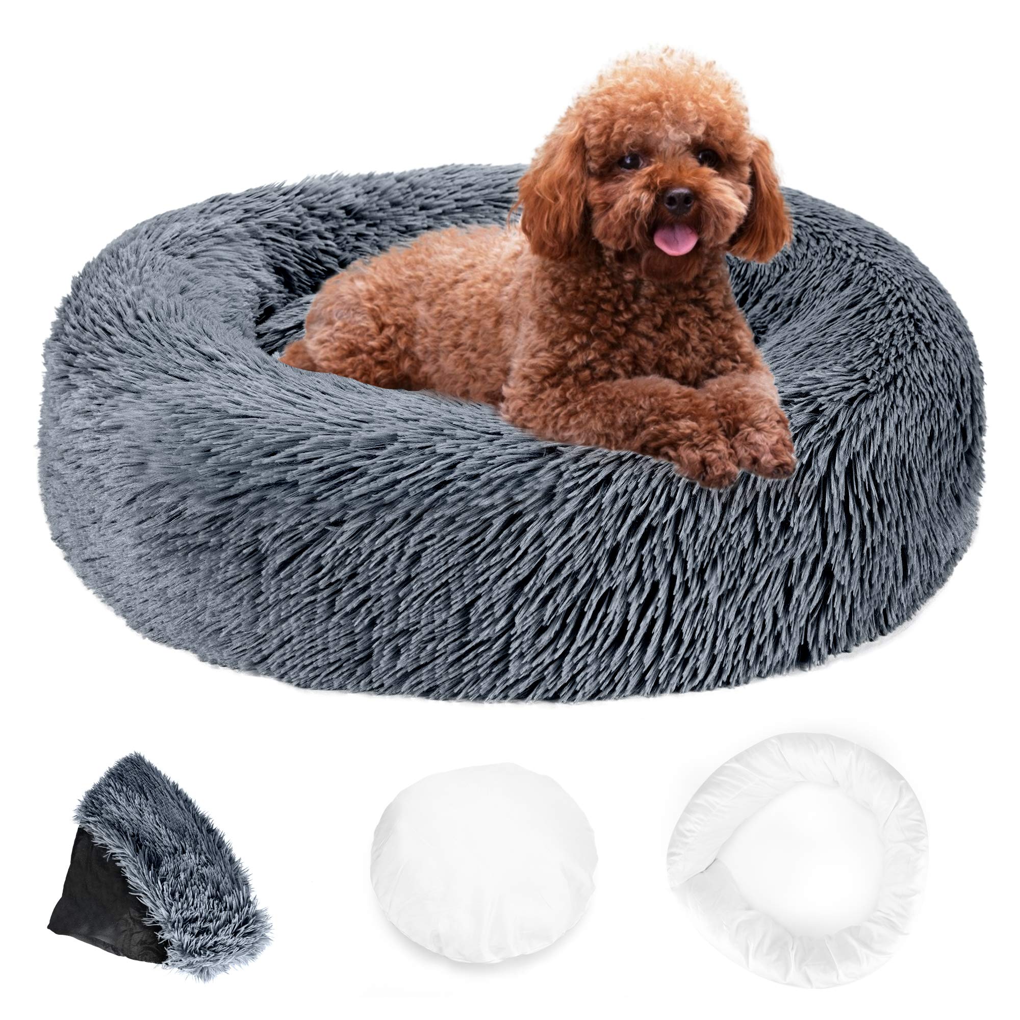 犬 ベッド 猫 ベッド 犬用ベッド 猫用ベッド 取り外し可能なカバー付き猫犬用ベッド 犬 ふかふかベッド 犬ベッドふかふか ペットクッション ペットマット ペットソファ ラウンド型 丸型 ドーナツペットベッド ペット用品 犬ベッド 猫ベッド（色：スチールグレー/60cm）