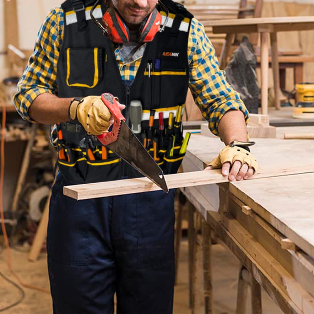 反射安全工具ベスト 電気大工用荷重付き作業ベスト マルチポケットとファスナー付き 蛍光 高視認性 工場作業 夜間作業 作業服