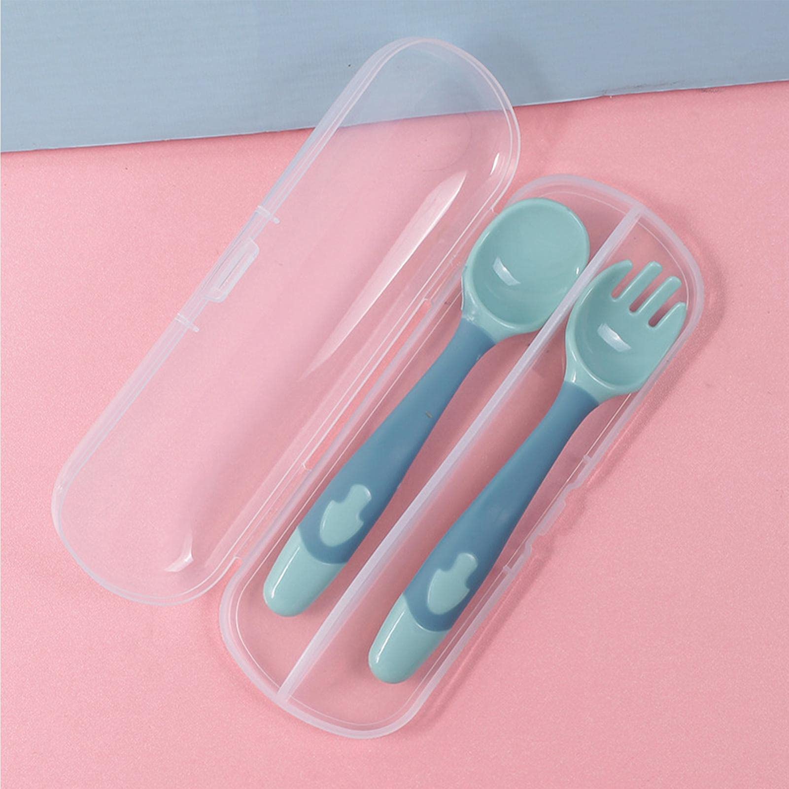 さかもとストアの赤ちゃん 用スプーン/フォークセット、ベビースプーン/フォークセット、幼児用 スプンドルーンとフォークセット、自分で食べる ベビースプーン、訓練 離乳食の自己学習ベビースプーン/フォークセット、BPAフリー （素材:シリコン/サイズ:14 3 1CM/重量:約0.1kg）｜アングル2