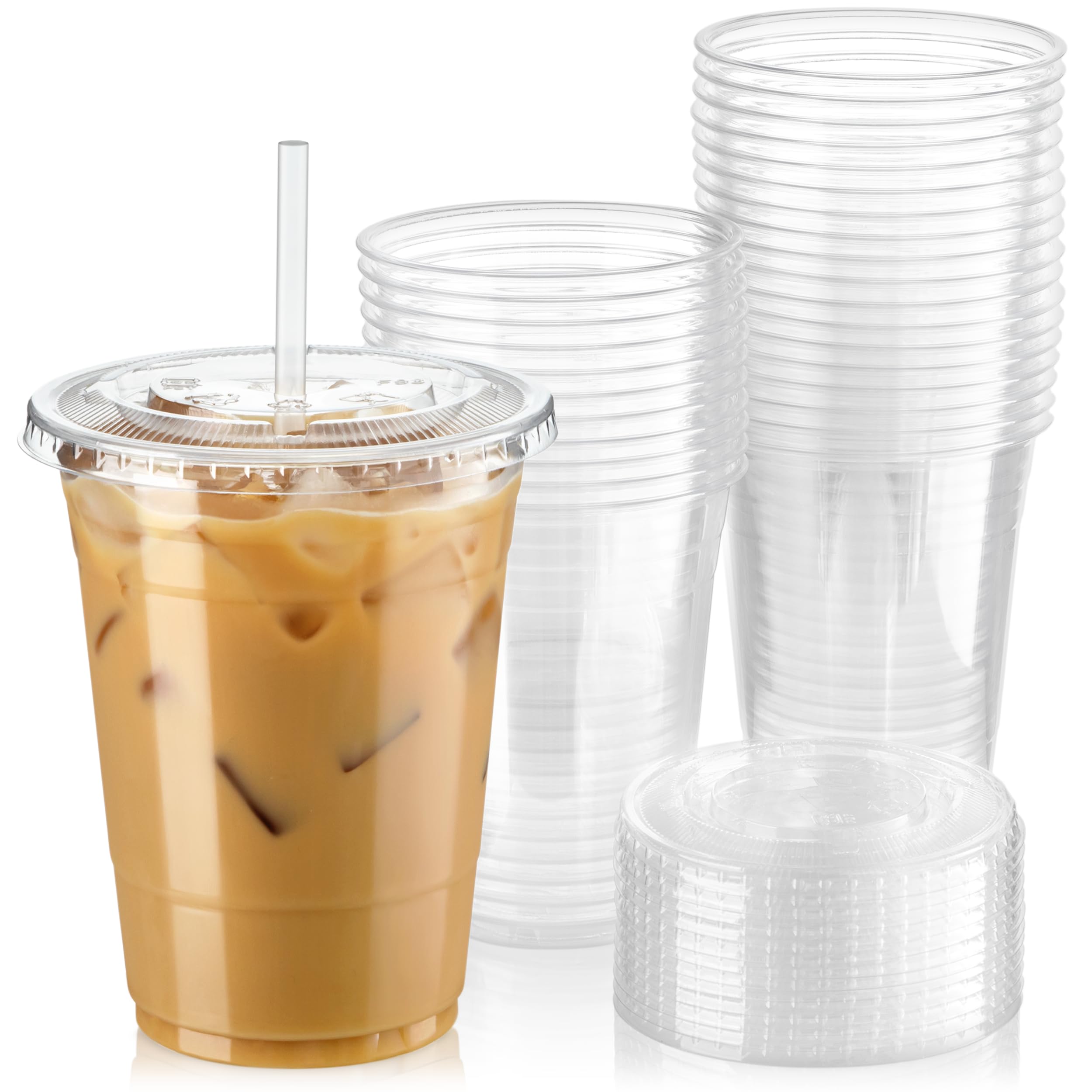 クリアプラスチックカップ 24オンス XLサイズ BPAフリー 穴が開いたフラットな蓋付き 使い捨てカップ 冷たいドリンク/コーヒー/アイスティー/スムージー/タピオカドリンクに 50個セット