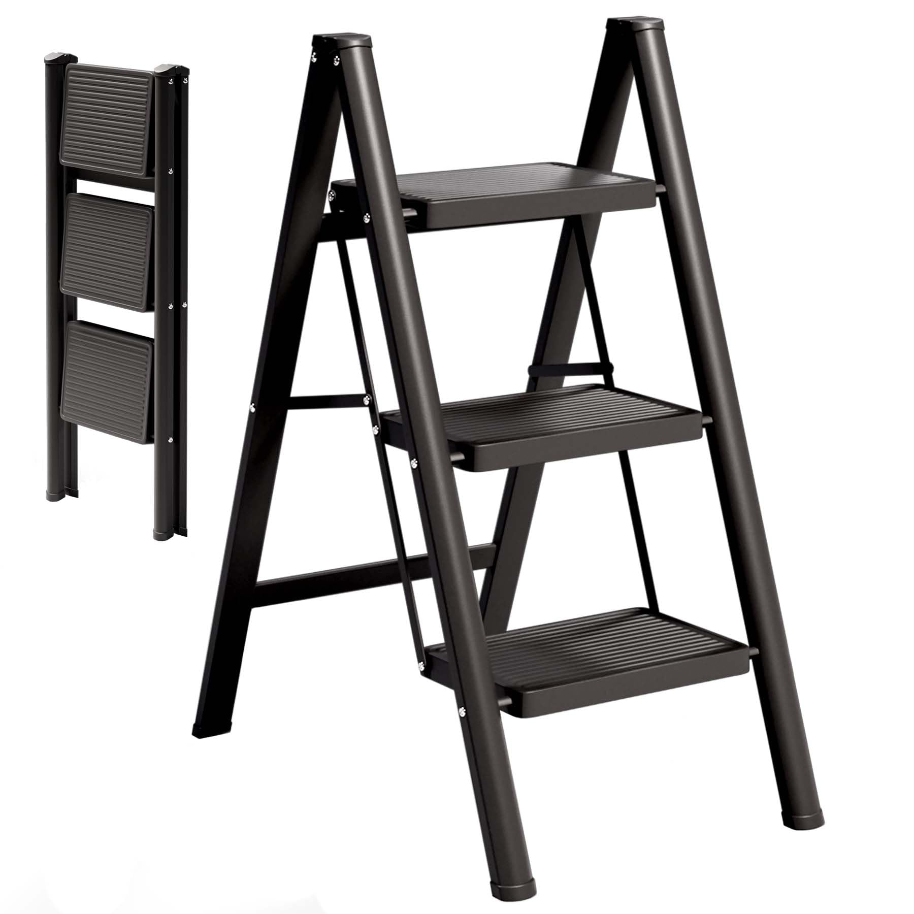 脚立 3段 軽量 室内 - 脚立 おしゃれ 折畳み ステップ 折りたたみ コンパクト 梯子 (ブラック,4段)