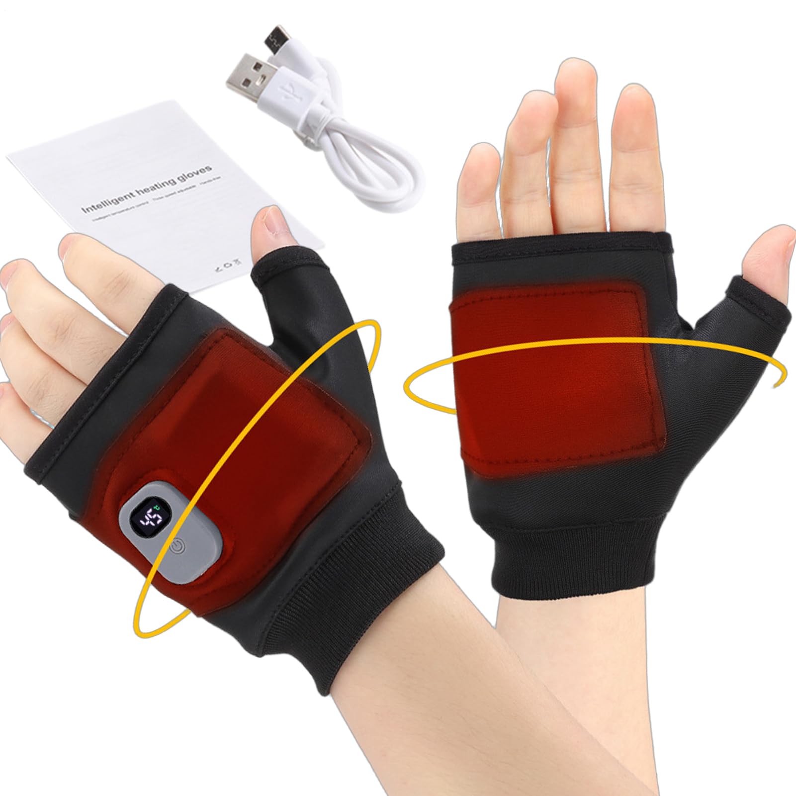 [] 充電式ヒーター付きグローブ, 指なし加熱タッチスクリーン対応手袋, デジタル表示＆充電式ミトン ...