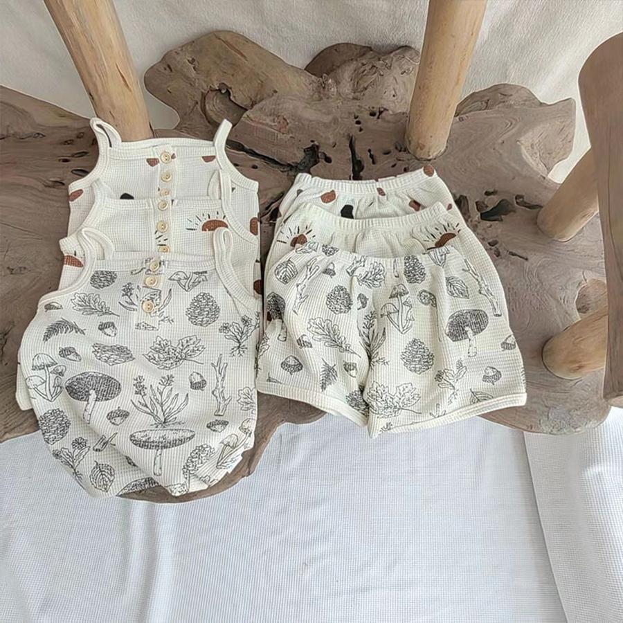 メガ割 赤ちゃんののキャミソール半ズボンベビーパジャマ2着セット風ワッフルベビー服wudamne