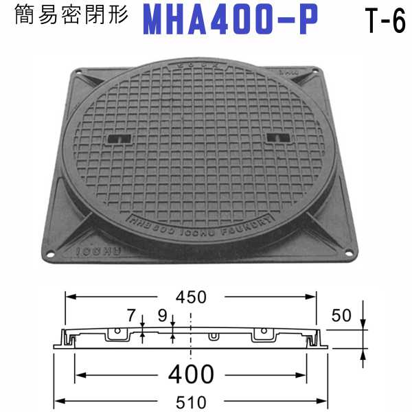 マンホール (品番：MHA400-Pセット+パッキン） 簡易密閉形マンホール鉄蓋セット パッキン付属 【蓋直径450mm 中型トラック耐荷重】